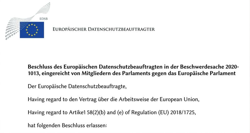 Screenshot eines Teils der ersten Seite der EDPS-Entscheidungen gegen das Europäische Parlament zu Datenschutzverstößen.