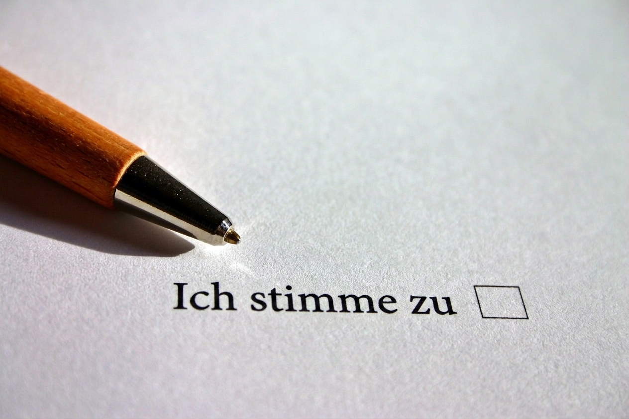 Foto eines Stifts auf Papier mit einem Kästchen „I agree".