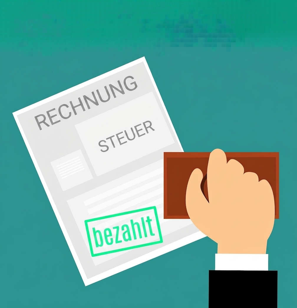 Illustration eines Dokuments mit den Wörtern invoice, tax und paid, darüber ein Stempel in einer Hand.