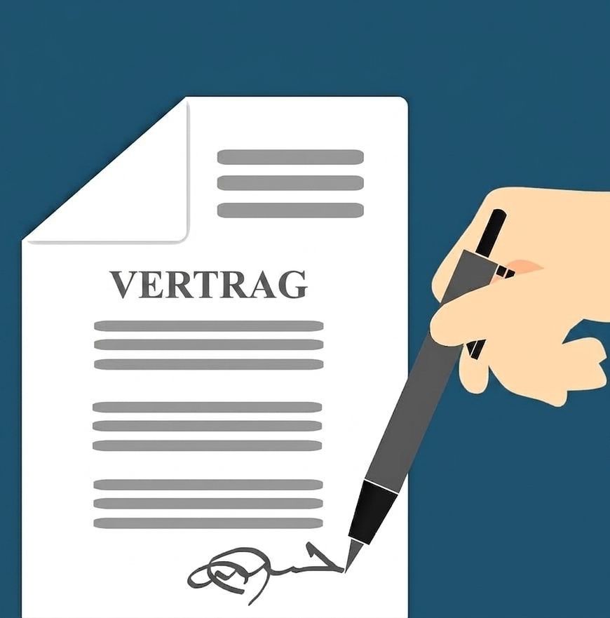 Illustration eines Vertragsdokuments. Eine Hand mit Stift unterschreibt unten rechts.