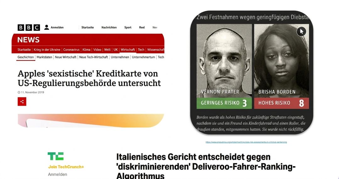 Screenshots von Nachrichtenwebsites zu KI-Bias nach Geschlecht, Ethnie und Leistungsscores.