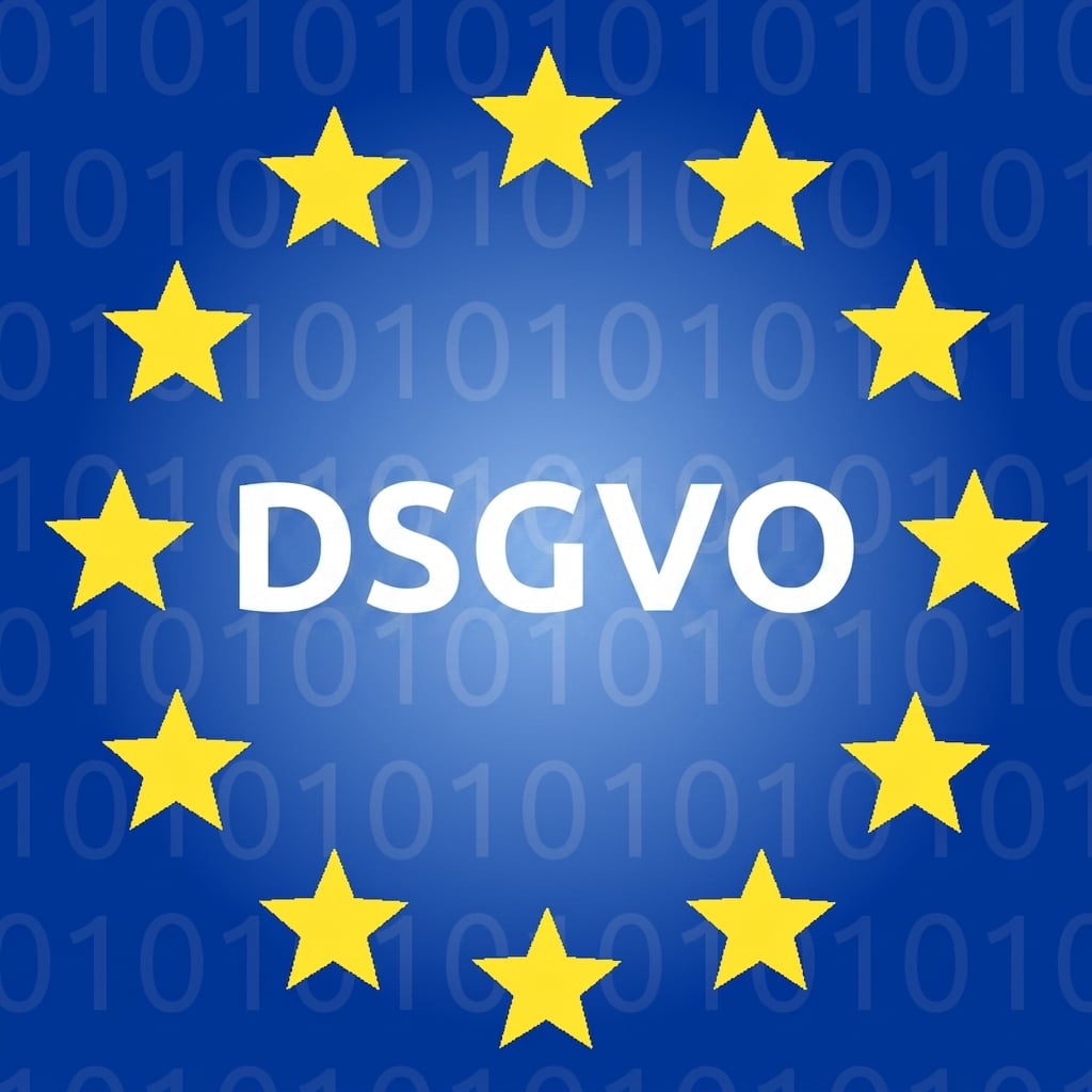 Eine Illustration mit den Buchstaben GDPR im Sternenkranz der EU-Flagge, vor einem Hintergrund aus 0 und 1.