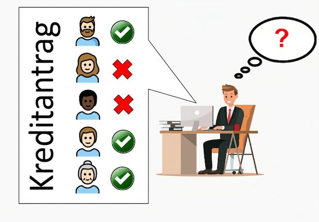 Illustration eines Bankmanagers, der einigen Personen nicht erklären kann, warum ein Kredit genehmigt oder abgelehnt wurde.