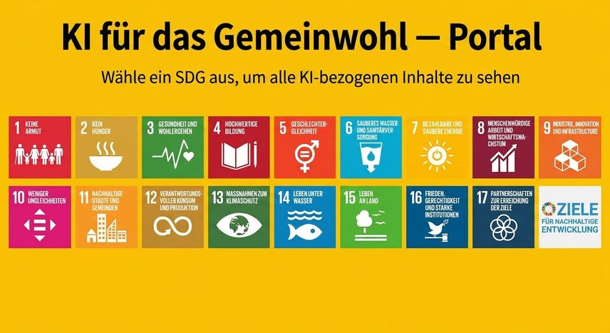 Illustration der UN-Ziele für nachhaltige Entwicklung, die durch den Einsatz von KI beschleunigt werden können, mit dem Titel AI for Good Gateway.