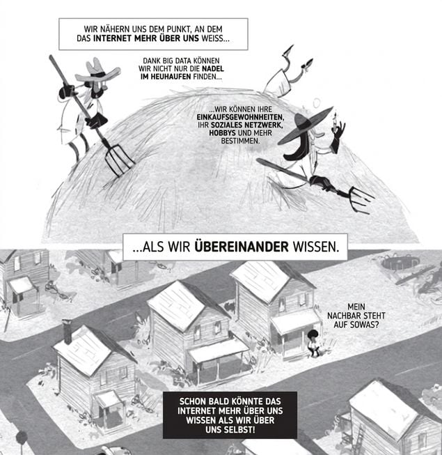 Eine Cartoon-Illustration zur Datenprivatsphäre im digitalen Zeitalter. Sie zeigt, wie Technologie Informationen über Personen aus einem metaphorischen Heuhaufen aus Big Data herauszieht. Zwei Personen suchen mit digitalen „Heugabeln" nach persönlichen Daten, eine weitere taucht in den Heuhaufen.