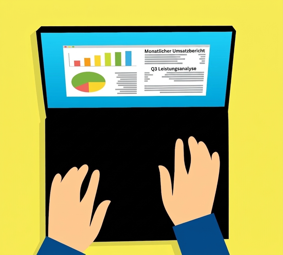 Illustration eines Laptop-Bildschirms mit Datenanalyse-Diagrammen und zwei Händen auf der Tastatur. Das Bild soll einen Auftragsverarbeiter darstellen.