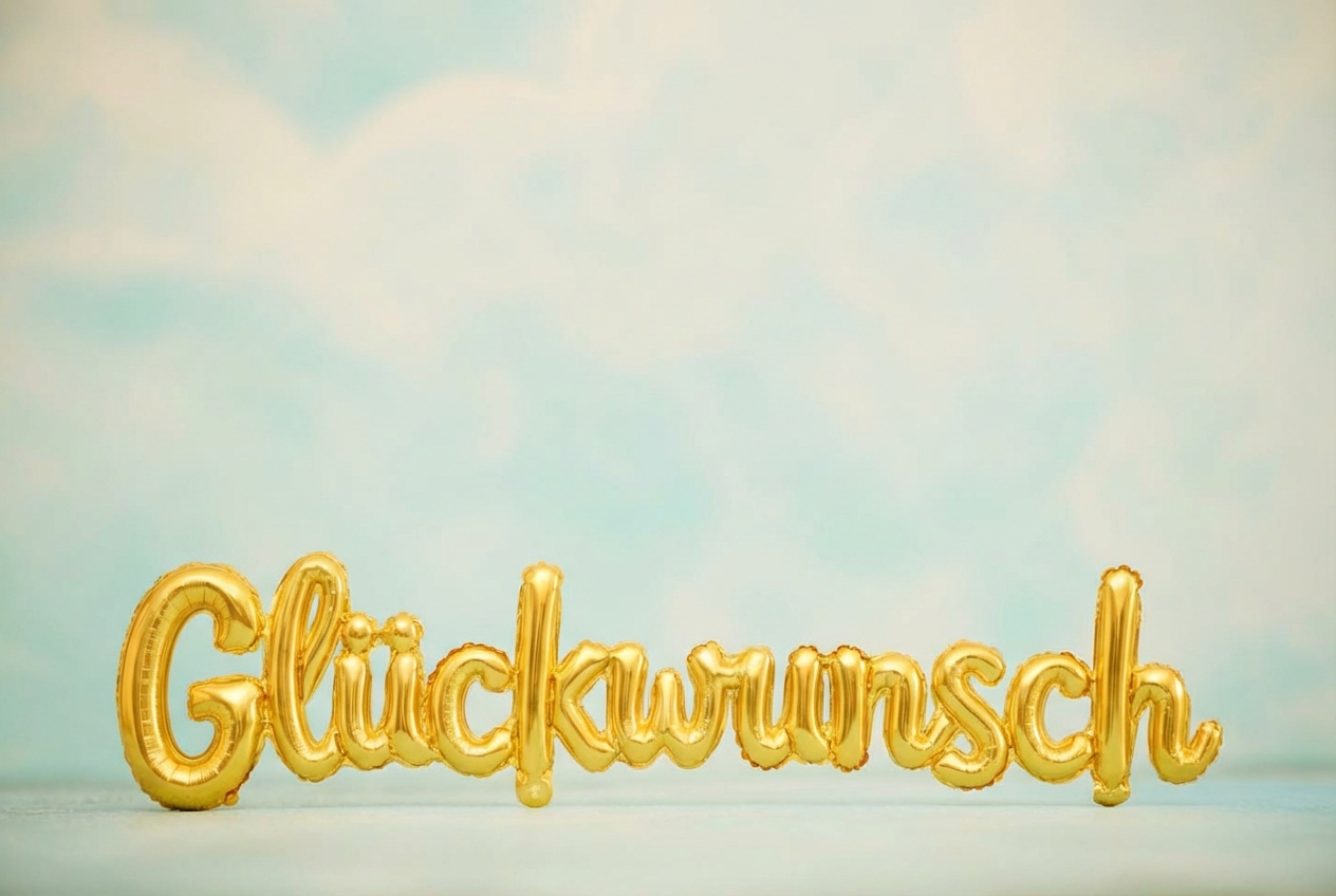 Goldballons vor blauem Himmel mit Glückwunschaufschrift