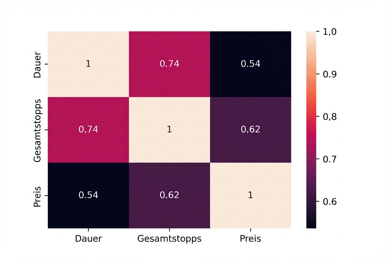 Heatmap, die den Pearson-Korrelationskoeffizienten von 0,62 zwischen Preis und der Gesamtzahl der Zwischenstopps und den Korrelationskoeffizienten von 0,74 zwischen Dauer und der Gesamtzahl der Zwischenstopps zeigt