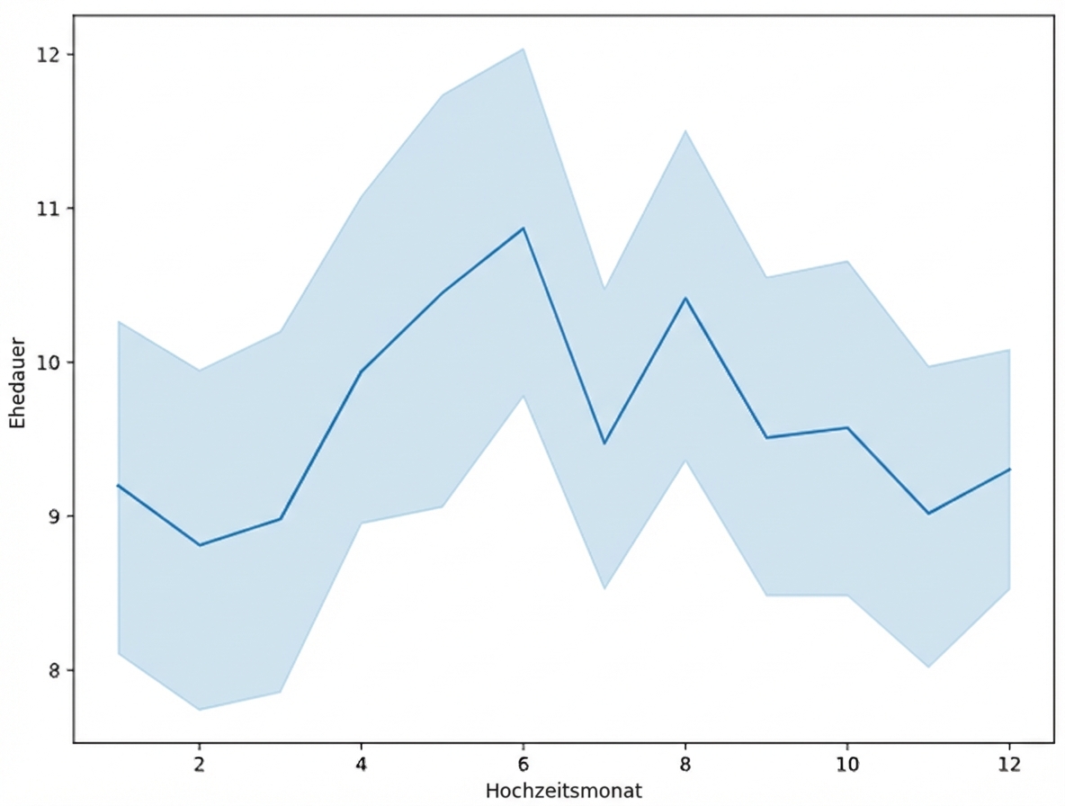 Ein Liniendiagramm, das zeigt, wie der Hochzeitsmonat und die Dauer der Ehe zusammenhängen
