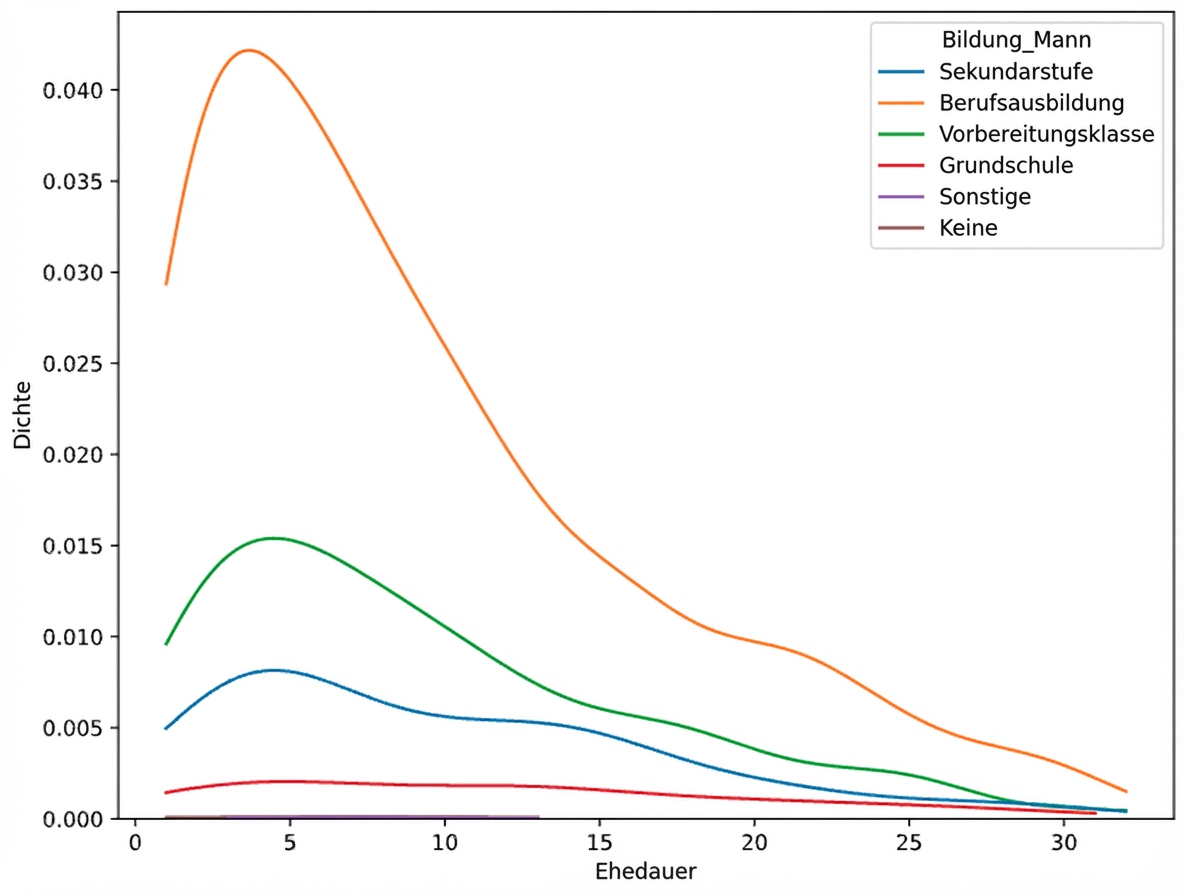 KDE zur Dauer der Ehe mit „hue“ gleich „education_man” und „cut“ gleich Null