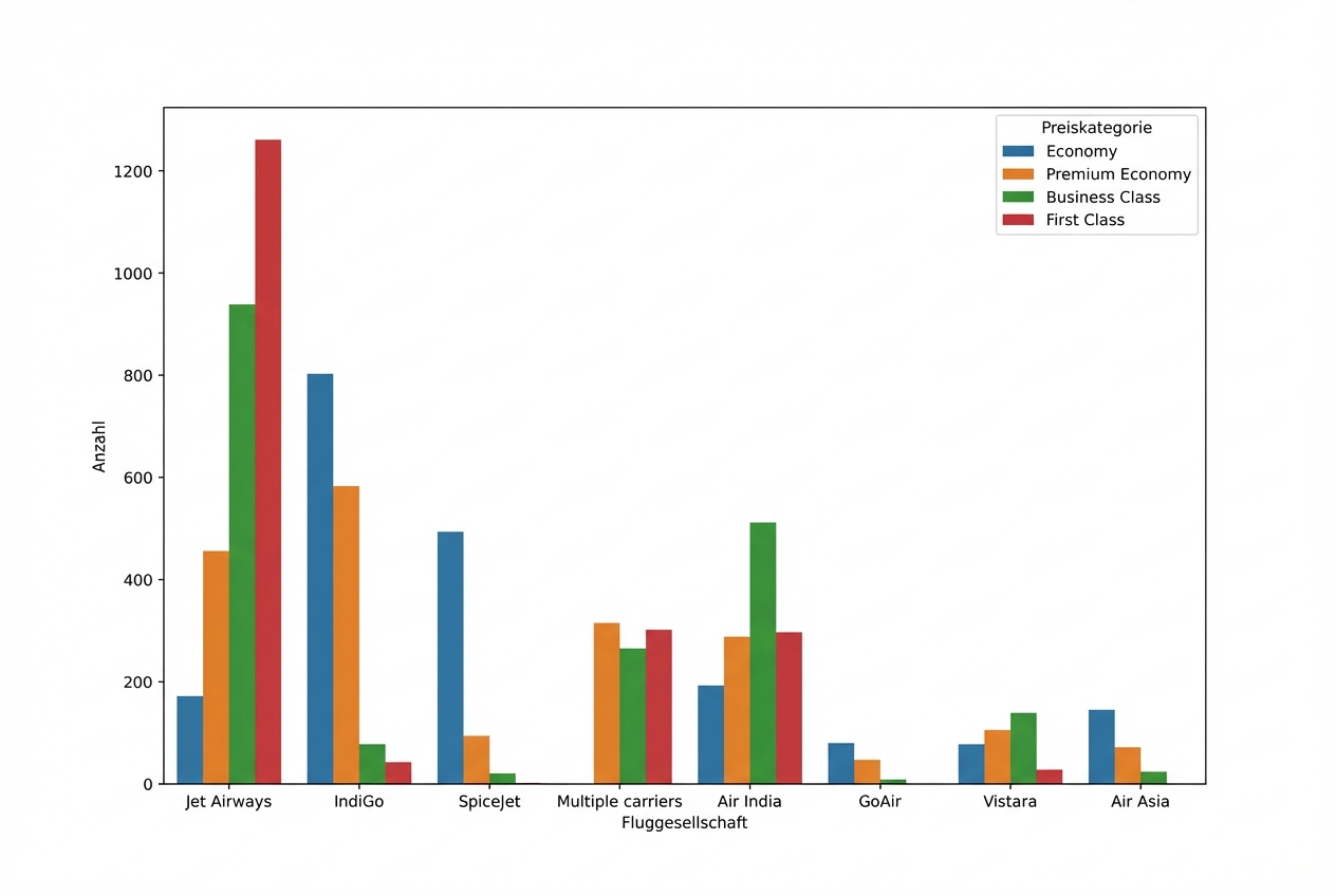 Grafik, die zeigt, wie viele Flüge die jeweiligen Fluggesellschaften in verschiedenen Preisklassen anbieten, wobei Jet Airways die meisten First-Class-Tickets hat