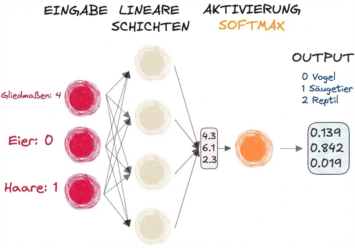 Darstellung eines Teils eines neuronalen Netzes mit Eingängen, einem Vektor als Ausgang für die linearen Schichten, einer Softmax-Aktivierungsfunktion und einem Ausgang