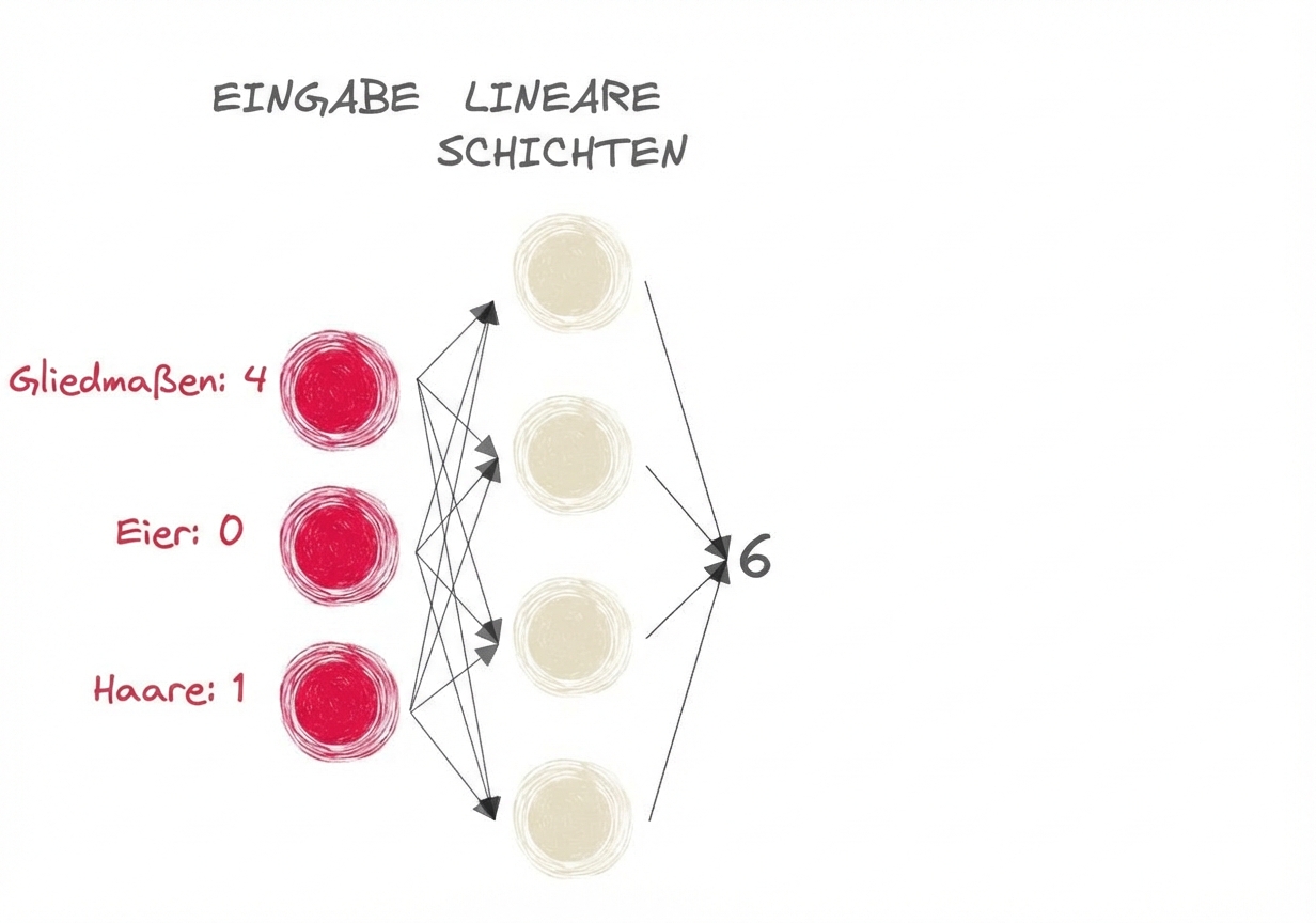 Darstellung eines Teils eines neuronalen Netzes mit Eingängen und der Zahl 6 als Ausgang für die linearen Schichten