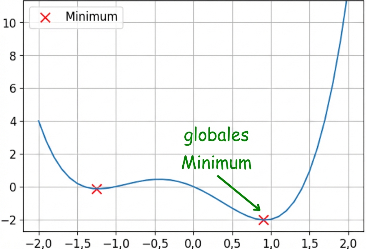 ein Beispiel für eine nicht-konvexe Funktion mit globalem Minimum hervorgehoben