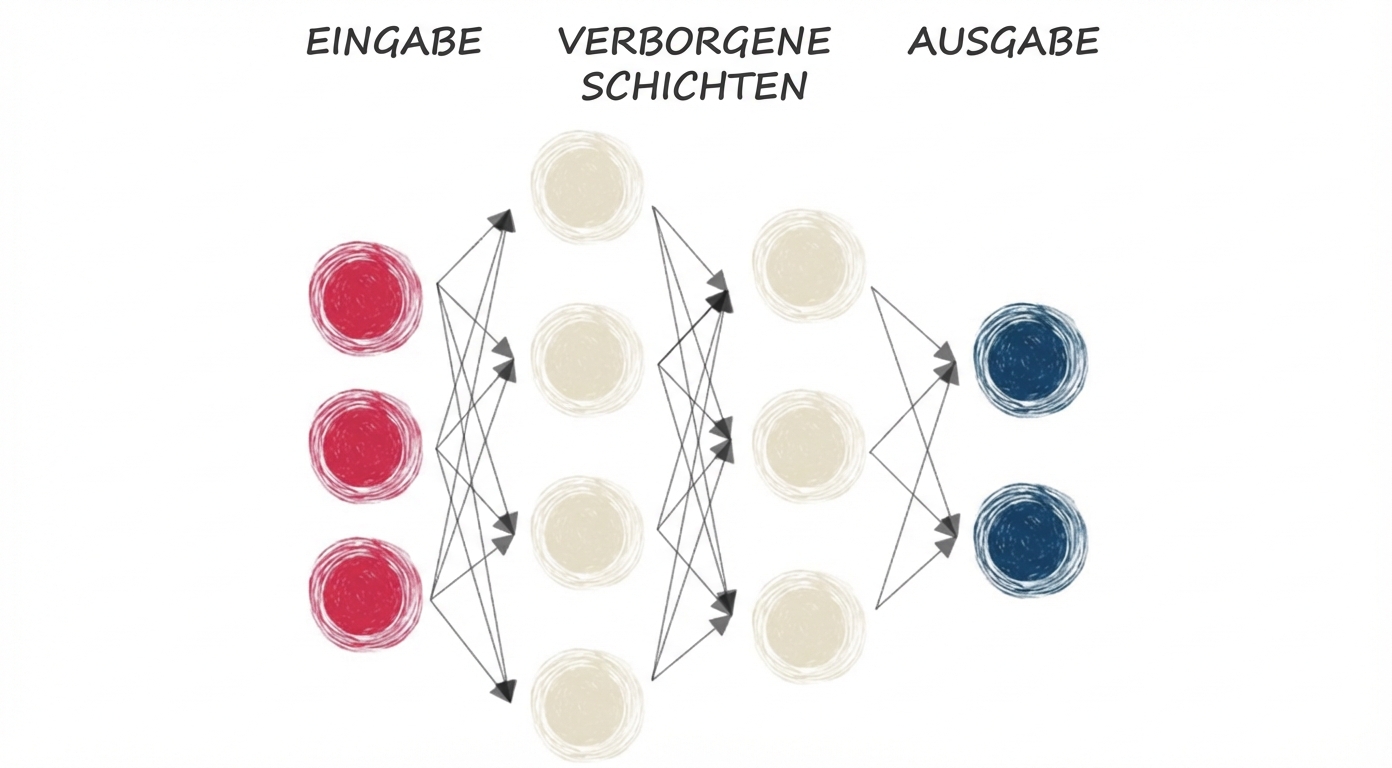 Ein Diagramm, das ein neuronales Netz mit Eingabe, versteckter Schicht und Ausgabe darstellt