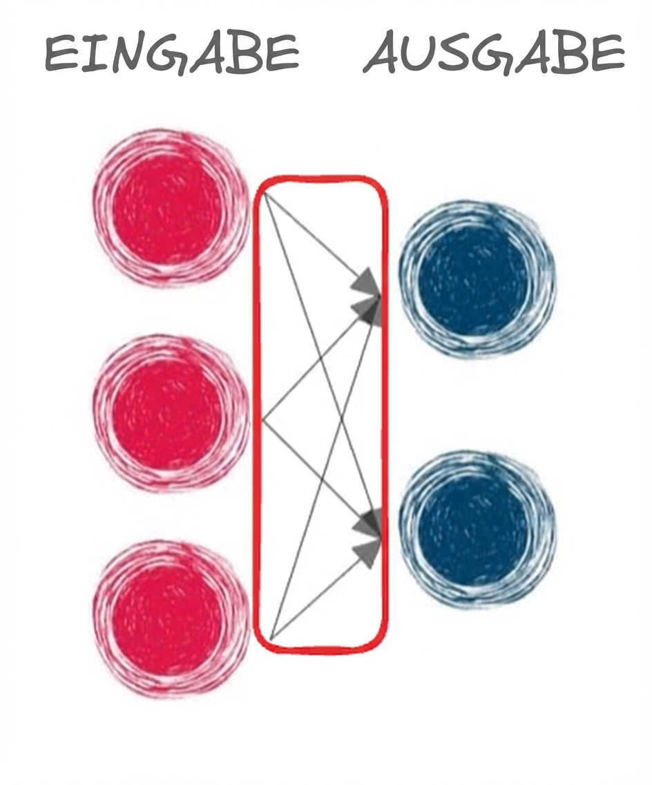 Eine Darstellung einer Eingabe- und Ausgabeschicht mit Pfeilen, die die Schichten verbinden