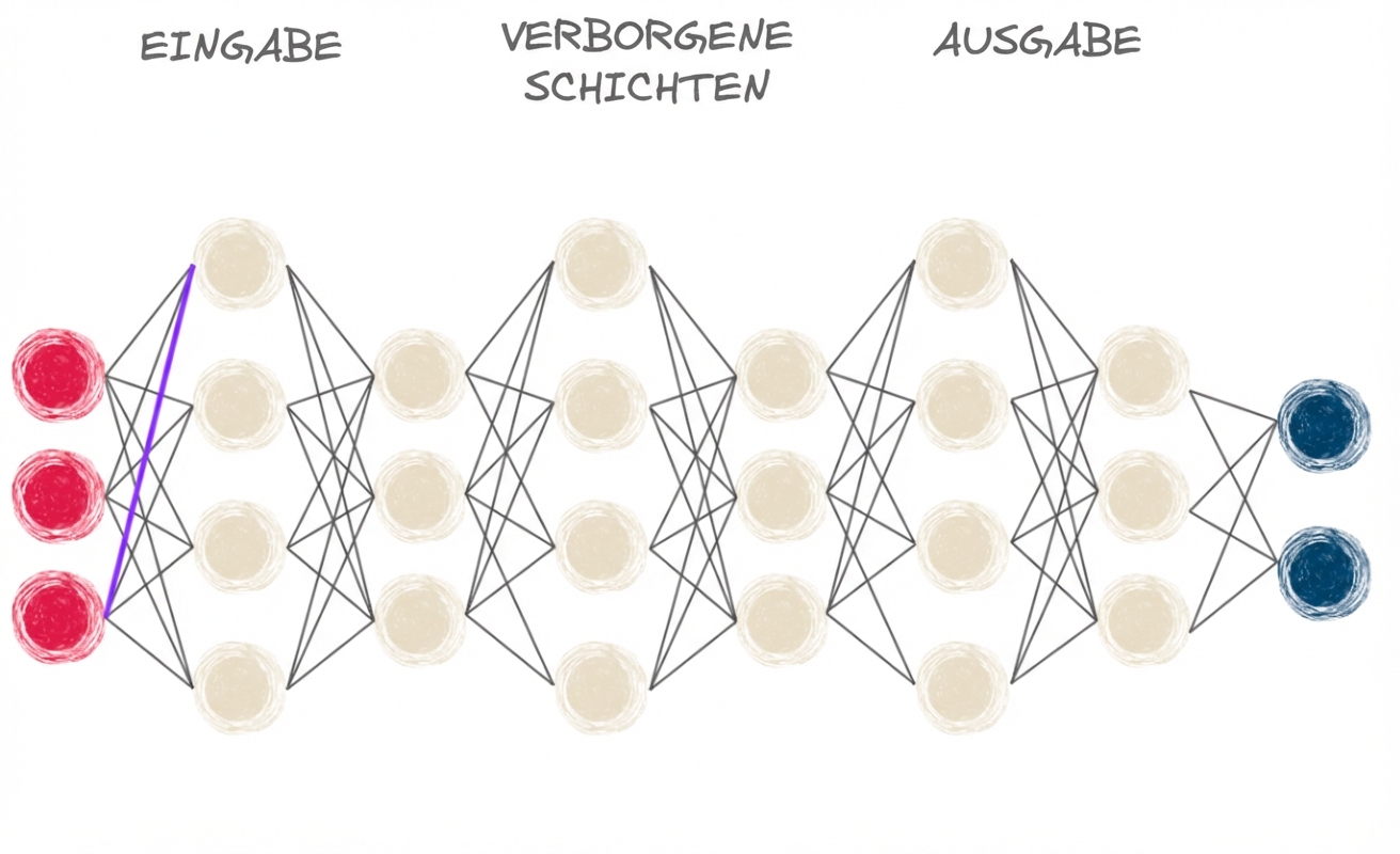 Eine Darstellung eines neuronalen Netzes mit mehreren Schichten