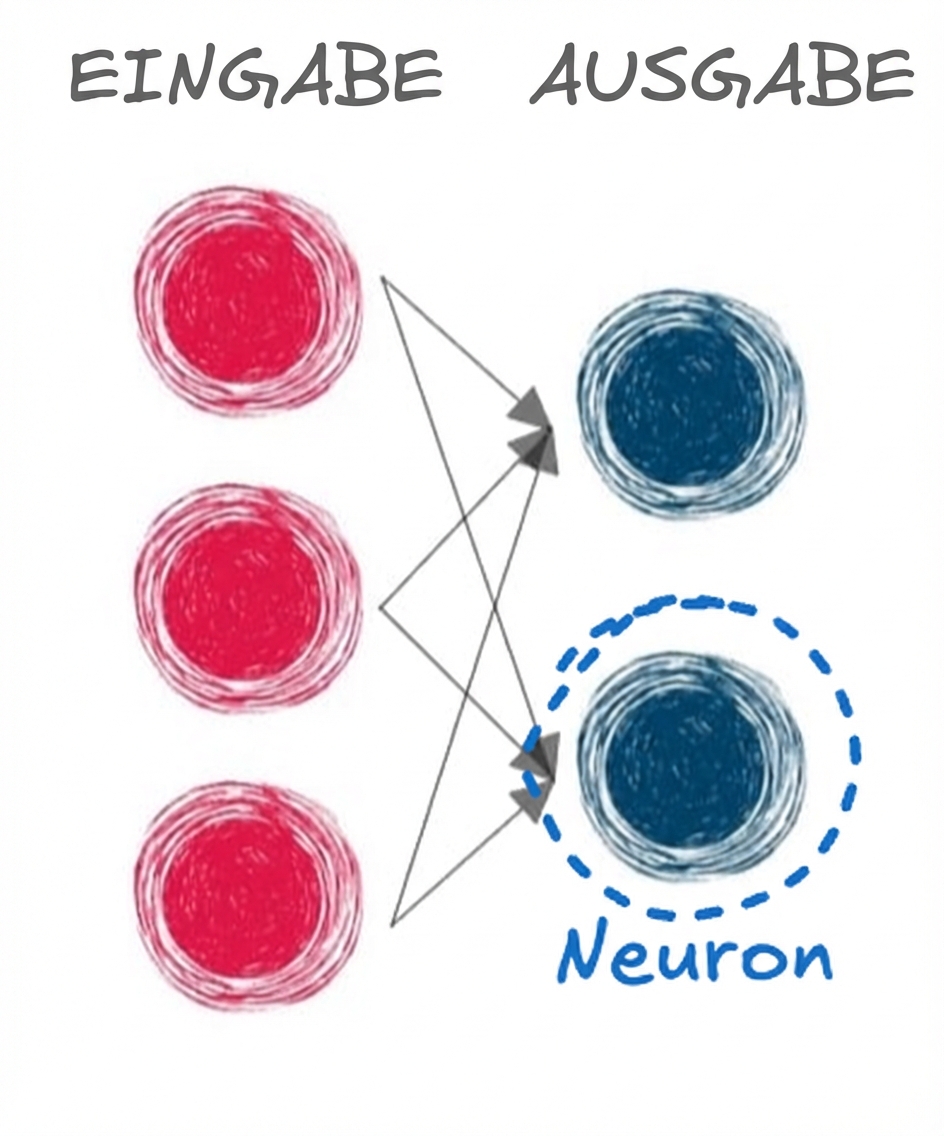 Eine Darstellung einer Eingabe- und Ausgabeschicht mit Pfeilen, die die Schichten verbinden, und einem Kreis um ein Ausgangsneuron