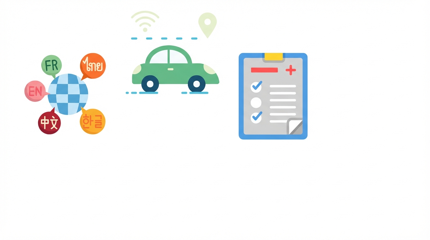 Darstellung mehrerer Sprachen rund um einen Globus, ein selbstfahrendes Auto und eine medizinische Diagnose