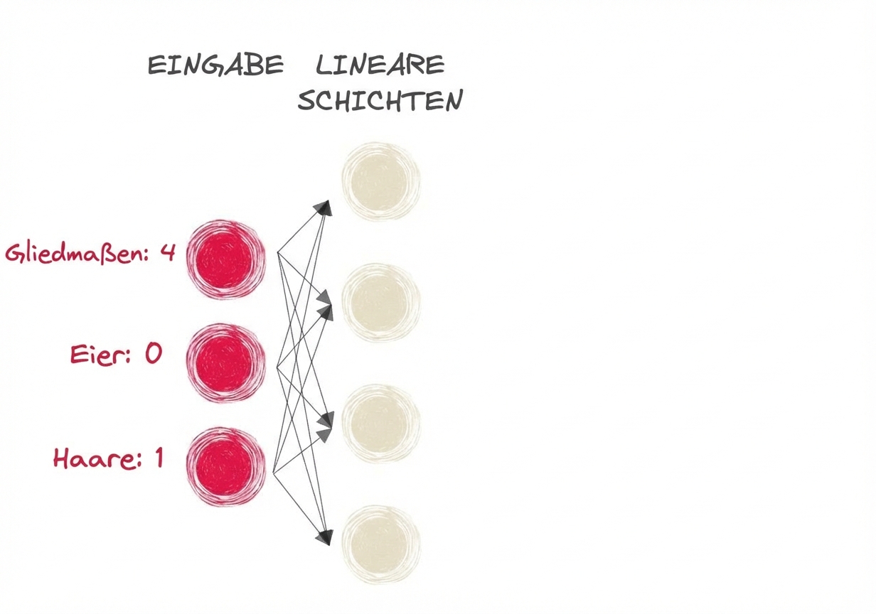 Darstellung eines Teils eines neuronalen Netzes mit Eingängen und linearen Schichten