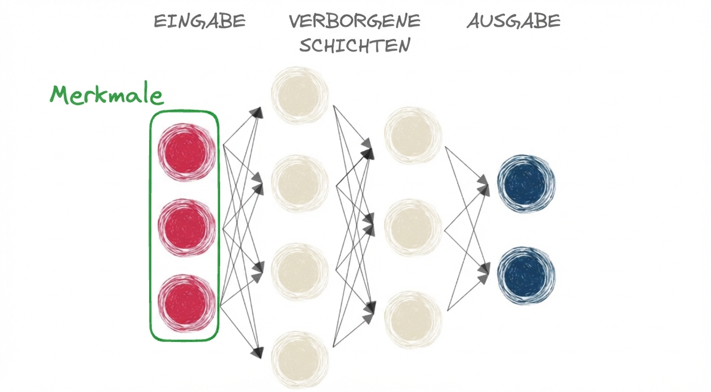 Ein Diagramm, das ein neuronales Netz mit Eingabe, versteckter Schicht und Ausgabe darstellt