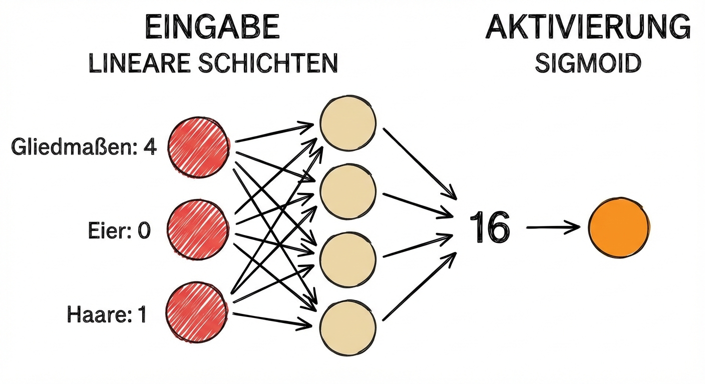 Diagramm eines Teils eines neuronalen Netzes mit Eingängen, der Zahl 6 als Ausgabe für die linearen Schichten und einer sigmoidalen Aktivierungsfunktion