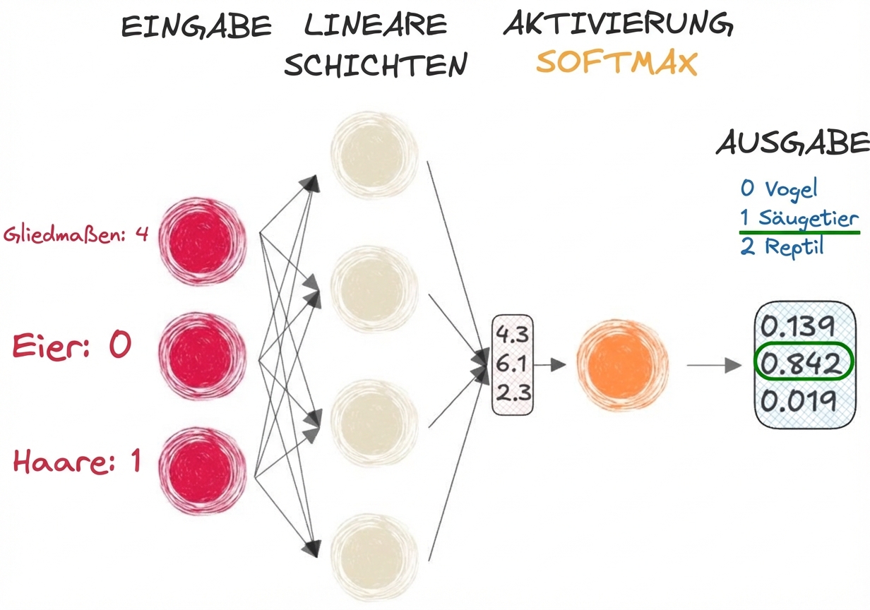 Darstellung eines Teils eines neuronalen Netzes mit Eingängen, einem Vektor als Ausgang für die linearen Schichten, einer Softmax-Aktivierungsfunktion und einem Ausgang