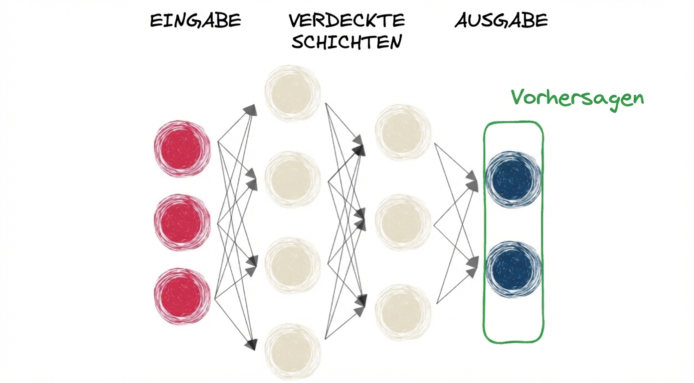 Ein Diagramm, das ein neuronales Netz mit Eingabe, versteckter Schicht und Ausgabe darstellt