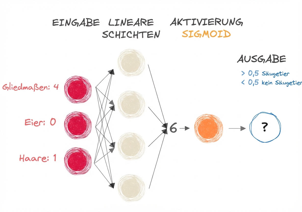 Darstellung eines Teils eines neuronalen Netzes mit Eingängen, der Zahl 6 als Ausgang für die linearen Schichten, einer Sigmoid-Aktivierungsfunktion und einem Ausgang