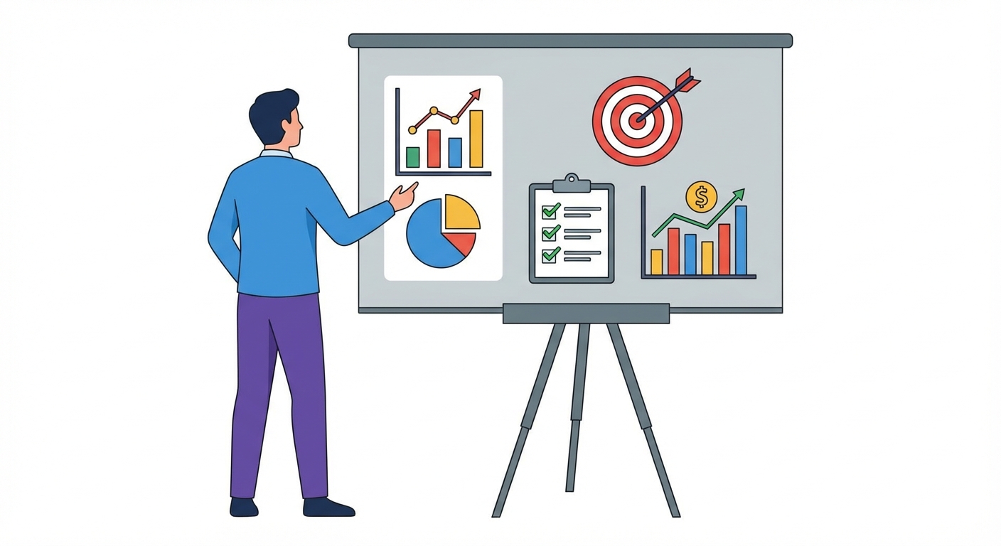 Eine Person schaut auf eine Tafel mit Diagrammen und Zielen.