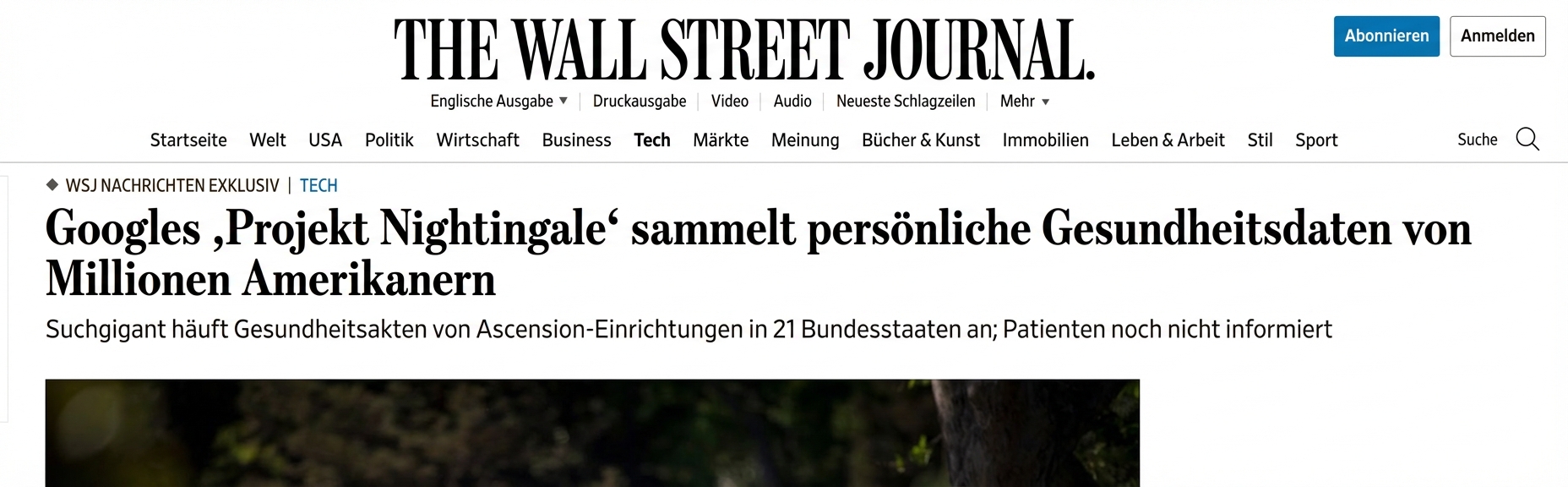 Screenshot der Berichterstattung des WSJ über Googles Projekt Nightingale