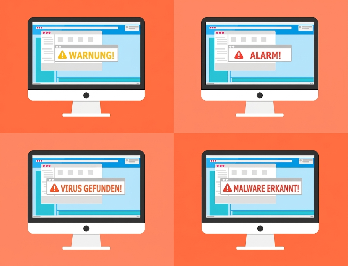 Illustration einer Sicherheitsverletzung mit vier Computern mit verschiedenen Alarmzeichen wie Warnung, Alarm, Virus gefunden, Malware entdeckt.