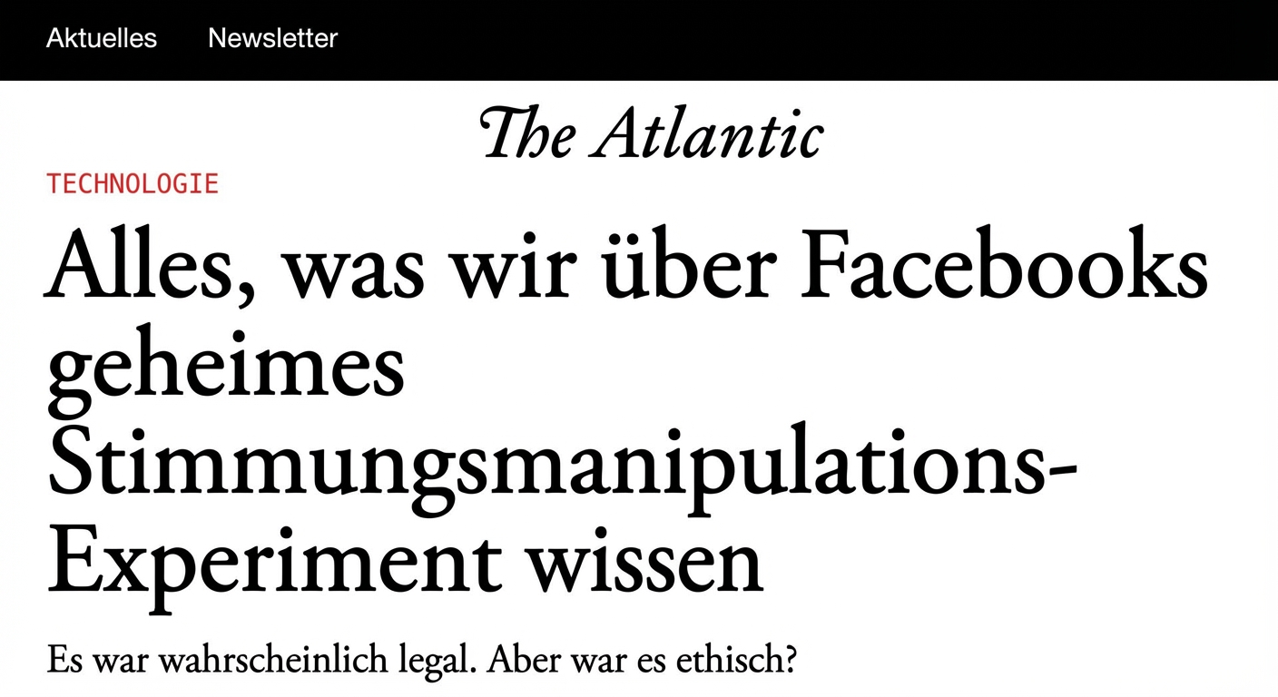 Screenshot eines Online-Artikels auf The Atlantic über das manipulative Sozialexperiment von Facebook