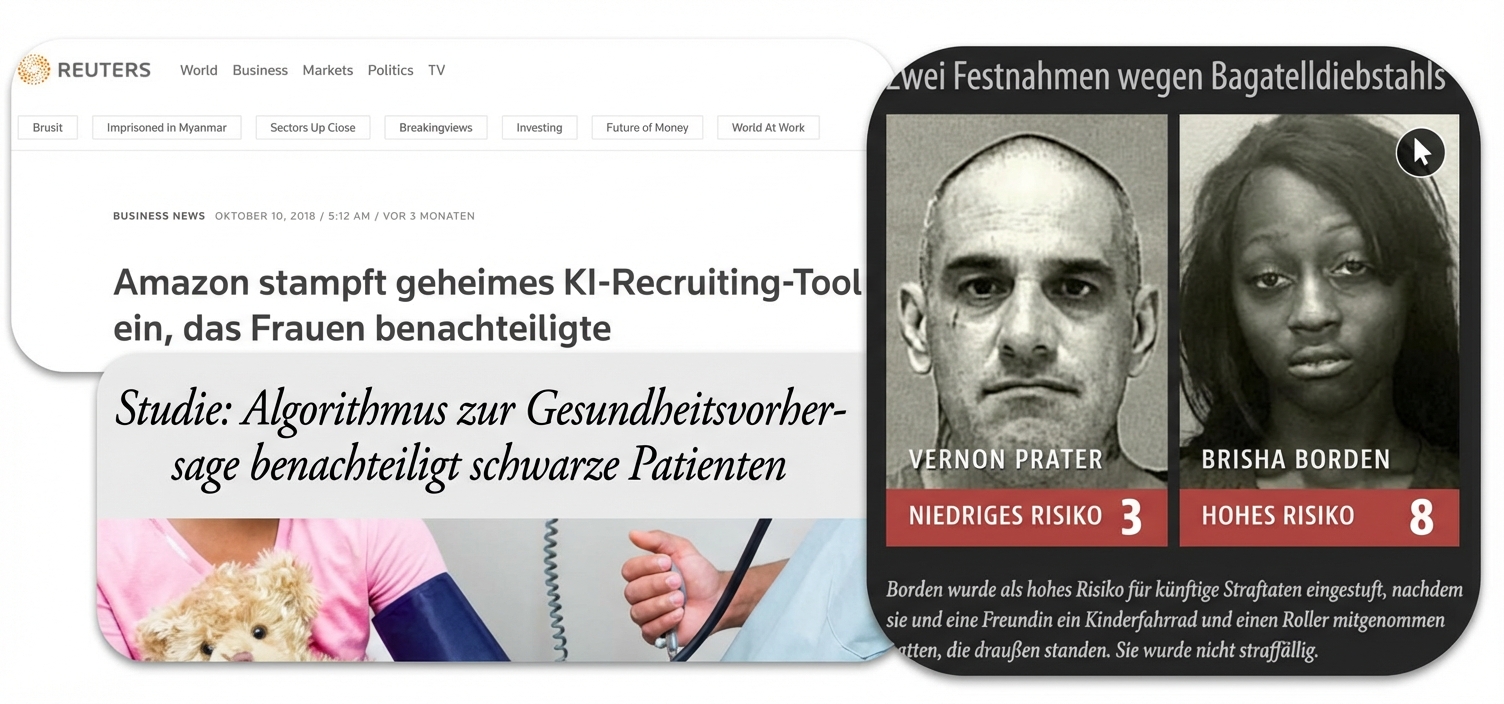 Eine Collage aus Screenshots von Nachrichten über die Diskriminierung durch KI-Algorithmen