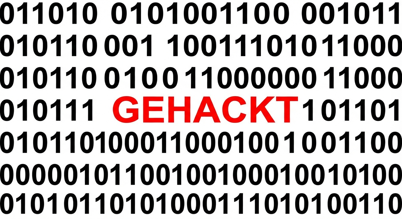 Eine Mischung aus Einsen und Nullen, in deren Mitte das Wort „HACKED” in fetten roten Buchstaben steht.