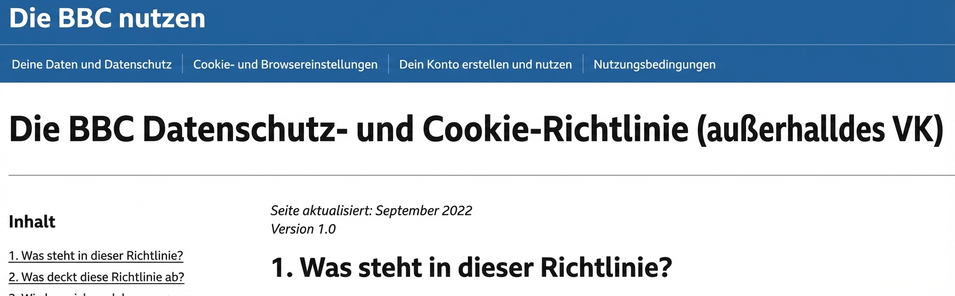 Screenshot der Datenschutzerklärung der BBC.