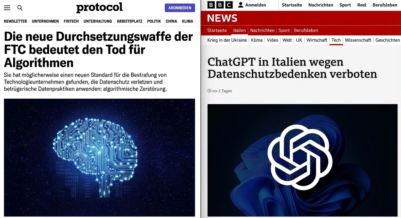 Screenshots von Nachrichten, die zeigen, dass die amerikanischen und italienischen Behörden Unternehmen für laxe Datenpraktiken bestrafen.
