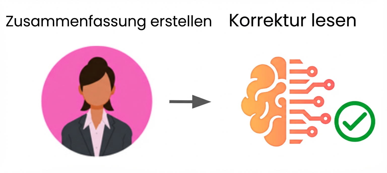 Ein typischer Ablauf, bei dem erst ein Mensch den Inhalt erstellt und dann mit Hilfe von Technik alles überprüft wird.