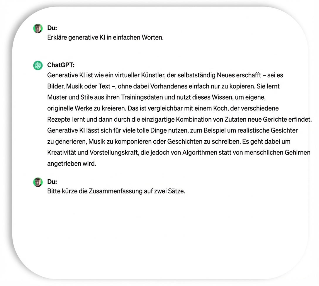 Eine Anweisung an ChatGPT, die Zusammenfassung auf zwei Sätze zu reduzieren.