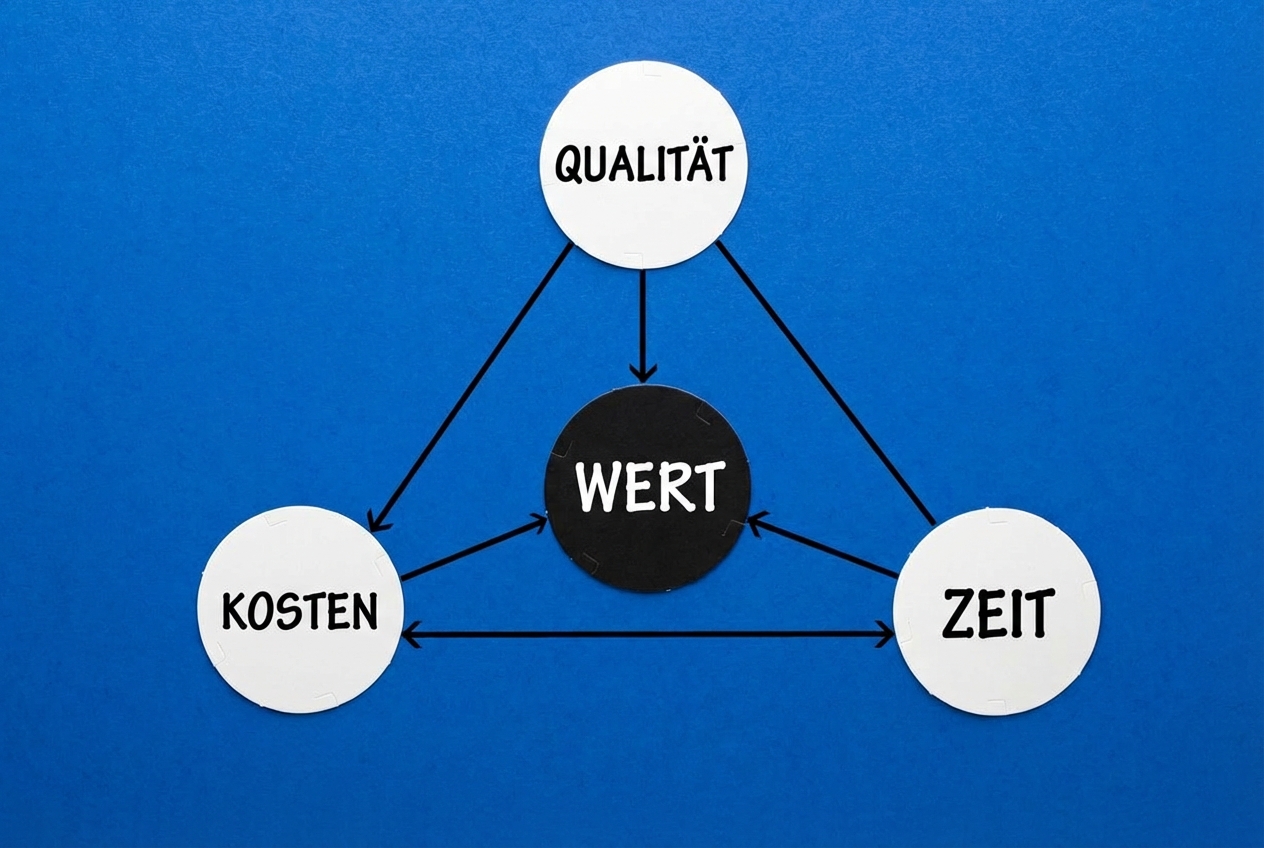 Ein Wertedreieck mit den Ecken Qualität, Kosten und Zeit.