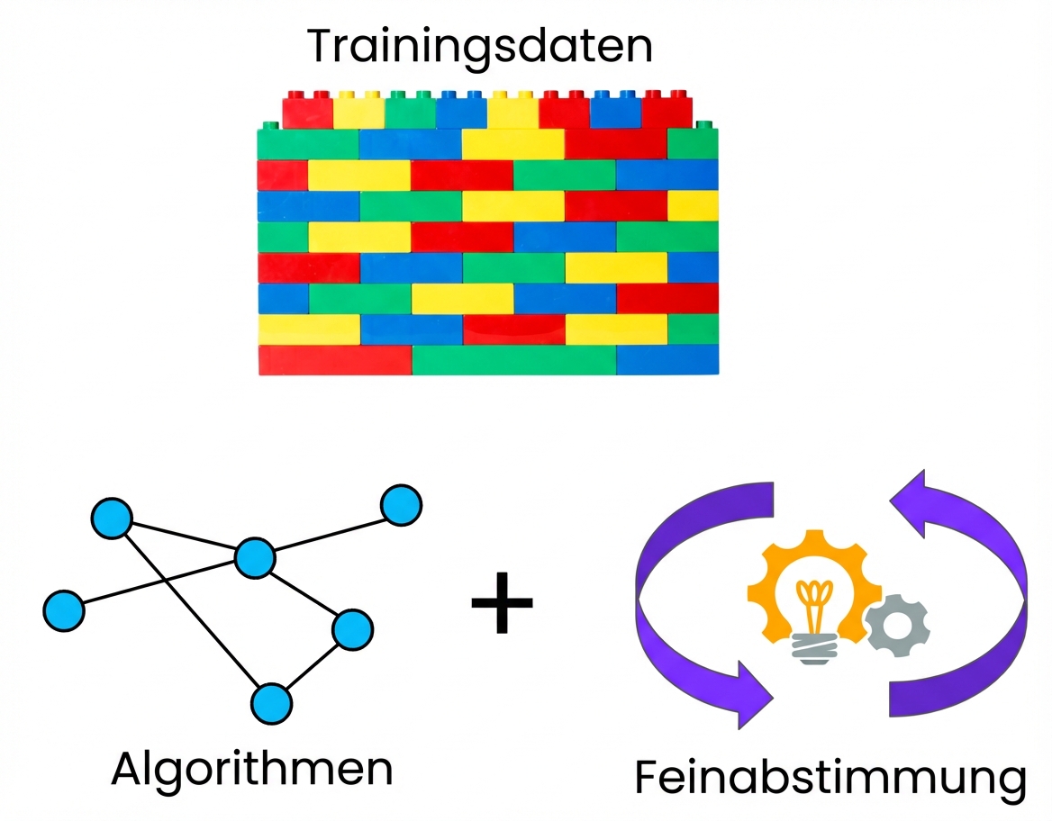 Zahnräder und Glühbirnen, umgeben von einem zyklischen Symbol, zeigen die wiederholten Schritte, die nötig sind, um das Modell genau einzustellen.