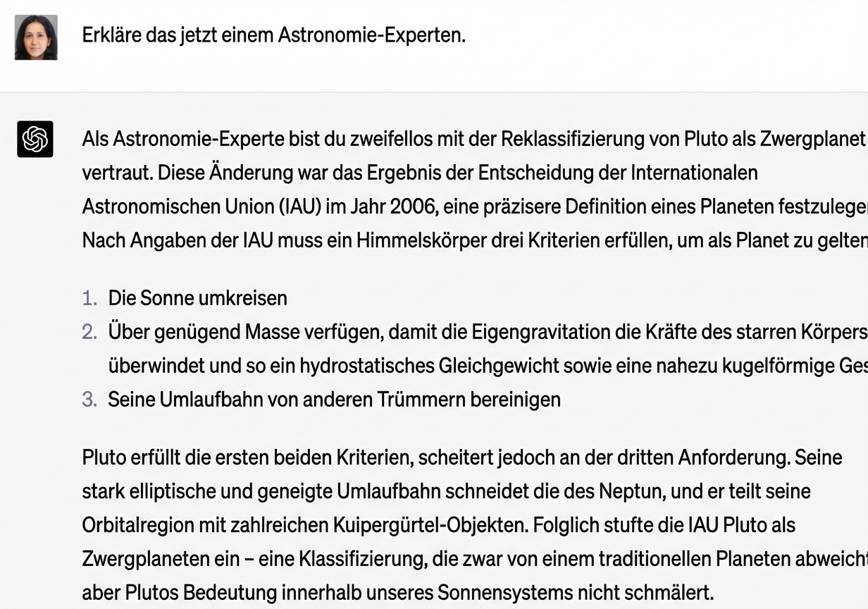 Ein Beispiel-Chat, der einem Astronomie-Experten erklärt, warum Pluto nicht zum Sonnensystem gehört.