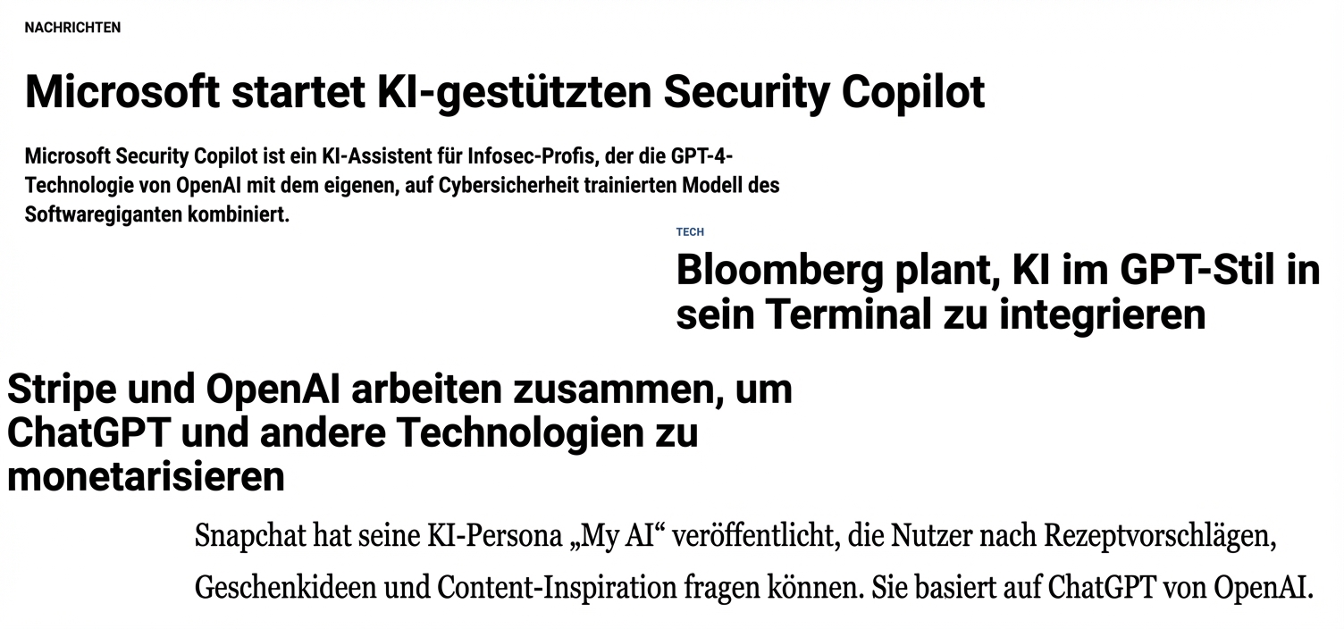 Ein Bild, das Artikel über Unternehmen zeigt, die sich beeilen, LLMs zu nutzen.