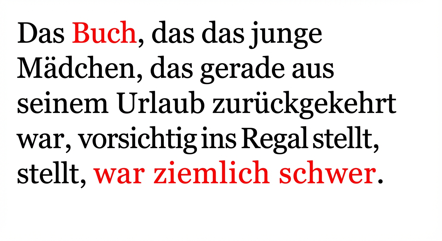 Ein Beispiel für eine Beziehung voneinander entfernter Wörter: "Das Buch, das das junge Mädchen, das gerade aus dem Urlaub zurückgekehrt war, sorgfältig in das Regal stellte, war ziemlich schwer."