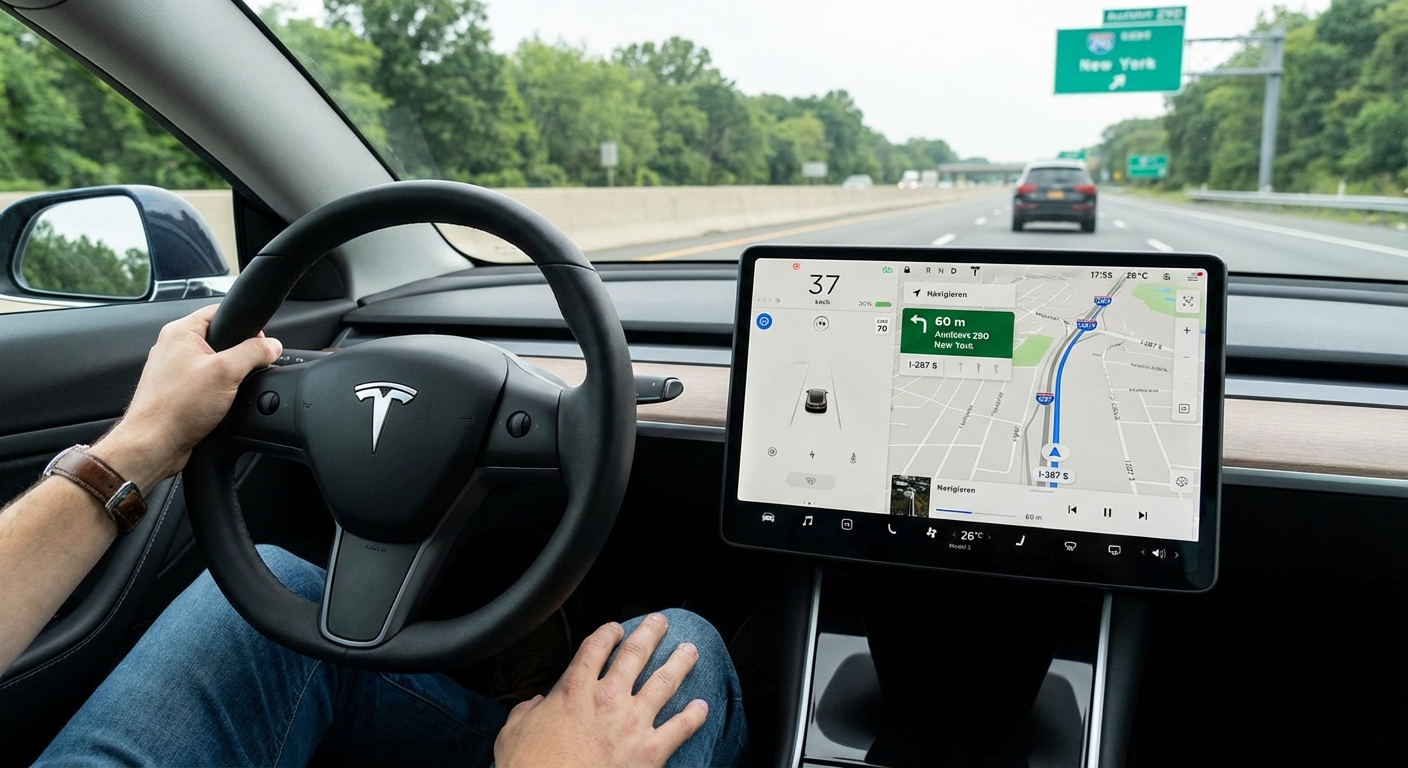 Ein Bild, das Teslas selbstfahrendes Auto zeigt.