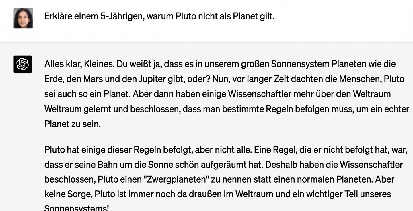 Ein Beispiel-Chat, der einem 5-Jährigen erklärt, warum Pluto nicht zum Sonnensystem gehört.