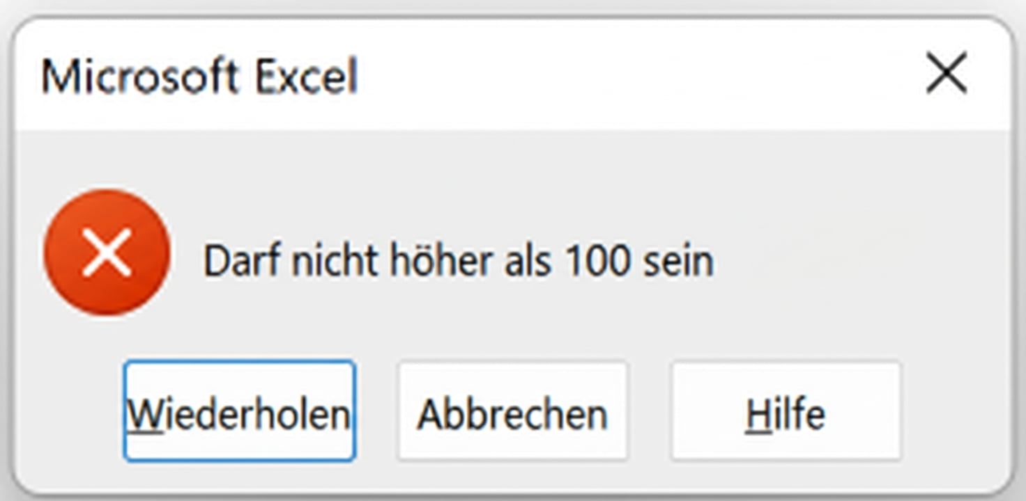 Beispiel einer Datenüberprüfungsregel für die Spalte Testergebnisse, die nur Werte zwischen 0 und 100 akzeptiert.