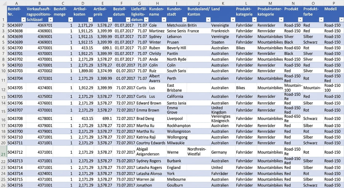 Screenshot des Adventure Works-Datensatzes