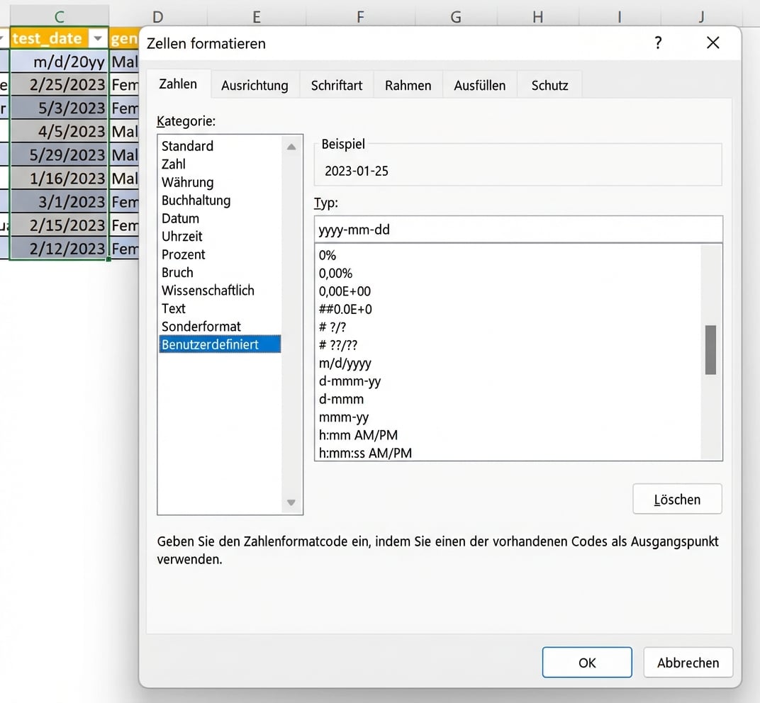 Screenshot der Testergebnisse mit ausgewählter Spalte test_date und geändertem Format auf benutzerdefiniert