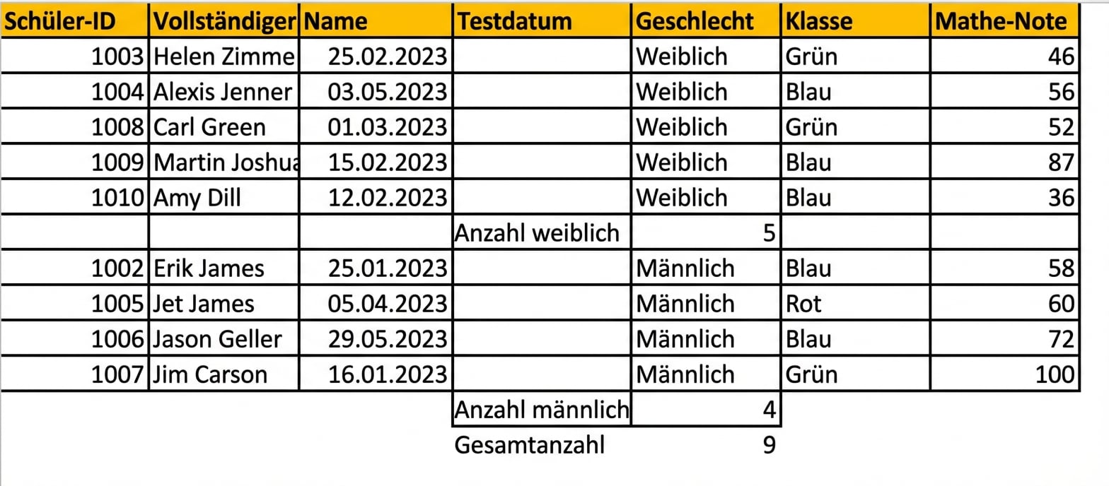Tabelle der Testergebnisse von Schülern, mit einer Zählung nach Geschlecht, die mit der Teilergebnisfunktion hinzugefügt wurde